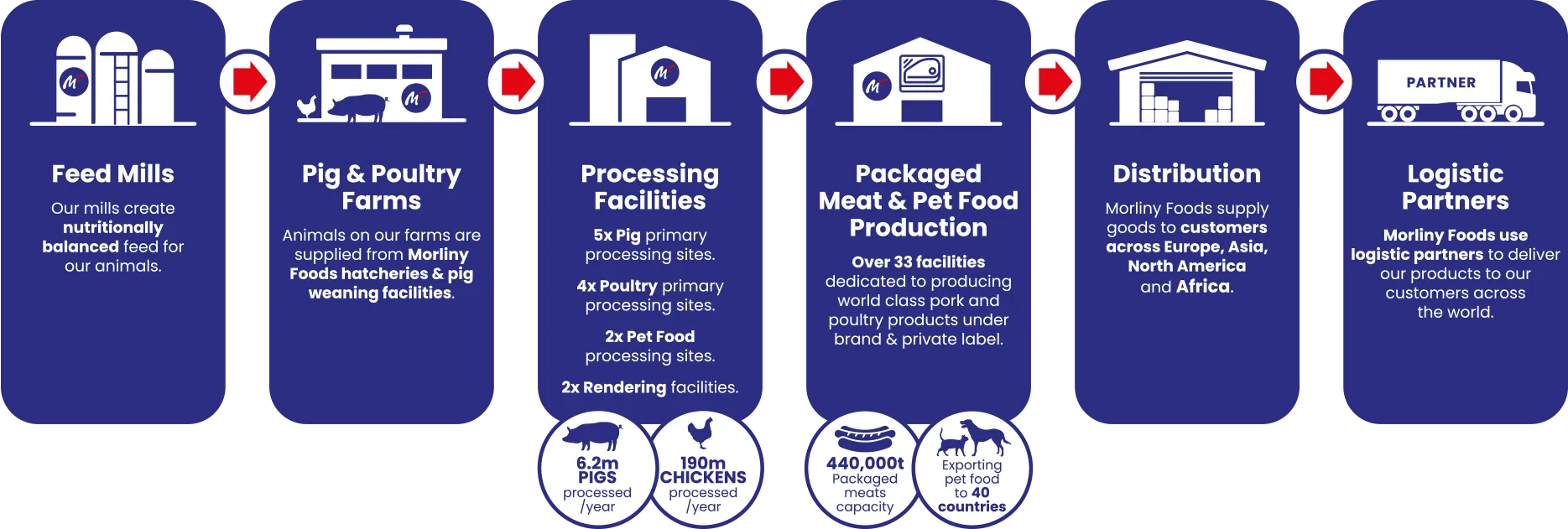An infographic depicting the process: feed mills to farms to processing facilities to packaged meat production to distribution to logistic partners